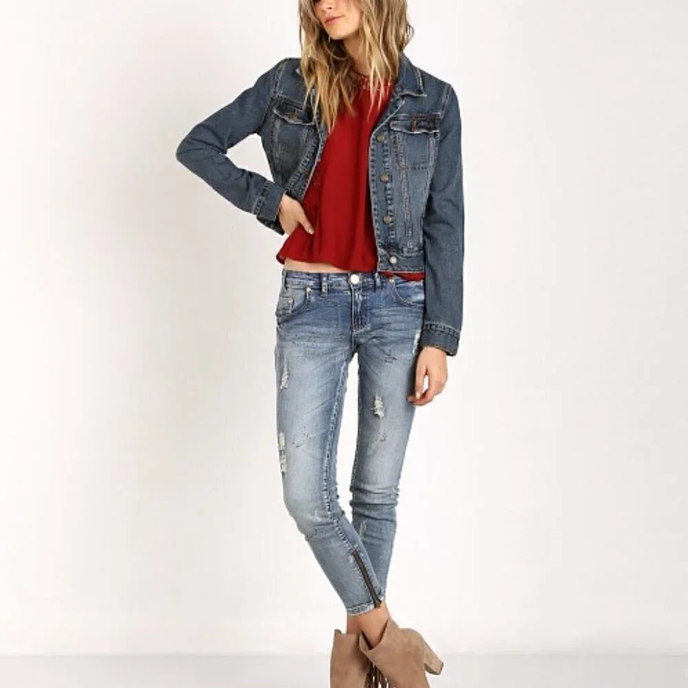 Free People fitted indigo button up denim jacket size S - Picture 2 of 11